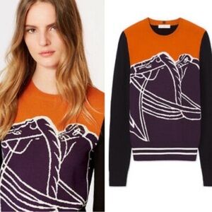 Tory Burch 2018 Runway-Limited Edition- Trocadero Horse Print Plum Sweater M